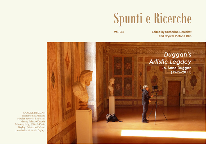 Cover of Spunti e Ricerche volume 38. Duggan's Artistic Legacy. Jo-Anne Duggan (1962-2011). Photo of Duggan with camera on tripod.n